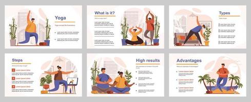 Yoga training concept for presentation slide template. People perform yoga asanas, relaxing and meditation, wellness and healthy lifestyle. Vector illustration with flat persons for layout design