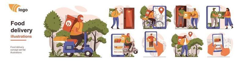 Food delivery concept isolated person situations. Collection of scenes with people couriers carry boxes to customers, online order and tracking at app. Mega set. Vector illustration in flat design