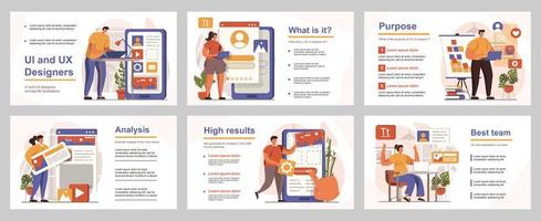 UI and UX designers concept for presentation slide template. People developers create and optimize layouts interfaces for mobile applications. Vector illustration with flat persons for layout design