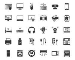 vector de iconos de dispositivos electrónicos domésticos, computadora portátil, teléfono, alarma antirrobo