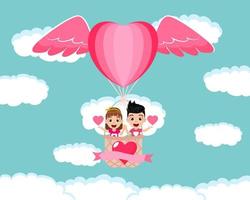 Happy cute kid boy and girl character flying with hot air hart shape valentine balloon with wings and waving with hart shape symbol on sky background with clouds vector