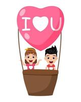 Happy cute kid boy and girl character flying with hot air hart shape valentine balloon and waving with hart shape symbol on white background with I love you text isolated vector