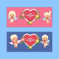 Cute valentine banner with cupid character with flowers with hart shape vector