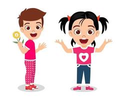 Cute kid boy character proposing with flower and kid girl character standing and waving with cheerful expression isolated vector