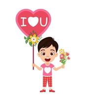 Happy cute beautiful kid boy character wearing t-shirt with hart shape symbol holding hart shape placard with flowers vector