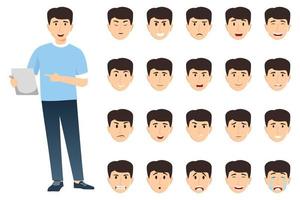 Businessman character set wearing business outfit with different facial expression and emotion sad angry happy unhappy cry posing standing cheerful isolated icon set vector