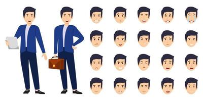 Businessman character set wearing business outfit with different facial expression and emotion sad angry happy unhappy cry posing cheerful isolated icon set vector