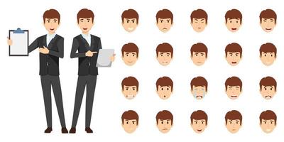 Businessman character set wearing business outfit with different facial expression and emotion sad angry happy unhappy cheerful isolated icon set vector