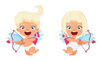 Happy cute cupid characters with wings and flying posing opposite direction with arrow with cheerful expression vector