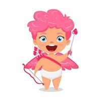 Feliz lindo personaje de Cupido con alas y de pie posando con flecha con expresión alegre vector