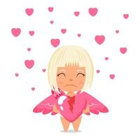 Happy cute cupid character with wings and standing holding broken hart shape placard with unhappy expression vector