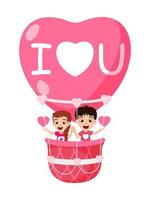 Happy cute kid boy and girl character flying with hot air hart shape valentine balloon and waving with hart shape symbol on white background with I love you text vector