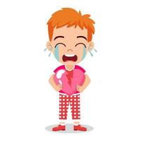 Cute kid boy character standing and holding broken hart  shape placard and crying vector