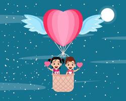 Feliz niño lindo personaje de niño y niña volando con aire caliente en forma de corazón globo de San Valentín con alas y saludando con el símbolo de forma de corazón en el fondo del cielo vector