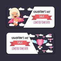 Cute valentine banner card with cupid character valentine sale with hart shape love hot air balloon vector