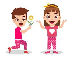 Cute kid boy character proposing with flower and kid girl character standing and waving with cheerful expression vector