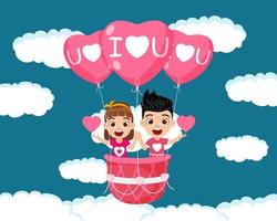 feliz niño lindo personaje de niño y niña volando con globo de San Valentín en forma de corazón de aire caliente y saludando con el símbolo de forma de corazón en el fondo del cielo con nubes con texto te amo vector