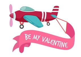 lindo hermoso avión volando con cartel de banner de San Valentín con texto de San Valentín sobre fondo blanco vector