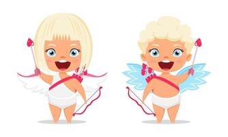 Happy cute cupid characters with wings and standing posing with arrow with cheerful expression vector