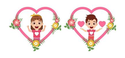 feliz, lindo, niño, niño y niña, personaje, avatar, en, hart, forma, marco, con, flores vector