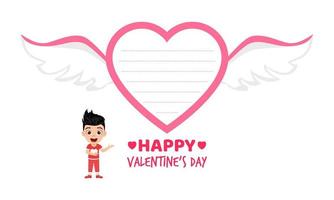 Happy cute beautiful kid boy character wearing t-shirt standing with I love you  text empty hart shape placard pointing to vector