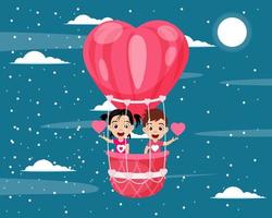 Happy cute kid boy and girl character flying with hot air hart shape valentine balloon and waving with hart shape symbol on sky background with clouds vector