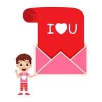 Happy cute beautiful kid boy character wearing t-shirt standing with I love you  text placard vector