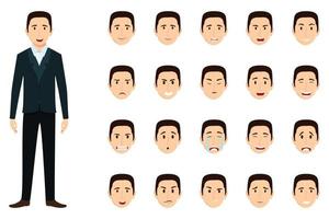 Businessman character set wearing business outfit with different facial expression and emotion sad angry happy cheerful isolated icon set vector