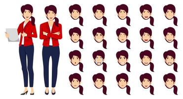 Businesswoman character set wearing business outfit with different facial expression and emotion sad angry happy funny cheerful isolated icon set vector