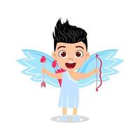 Happy cute kid boy cupid character with wings standing with arrow and posing vector