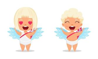 Felices personajes de Cupido lindo con alas y de pie posando con flecha con expresión alegre aislado sobre fondo blanco. vector