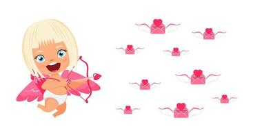 Feliz lindo personaje de Cupido con alas volando y apuntando a una carta voladora con expresión alegre vector
