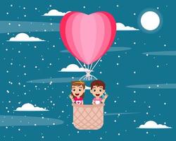 Happy cute kid boy and girl character flying with hot air hart shape valentine balloon with wings and waving on sky background with clouds vector