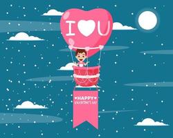 Happy cute kid boy character flying with hot air hart shape valentine balloon and waving with hart shape symbol on sky background with clouds vector