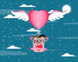 Happy cute kid boy and girl character flying with hot air hart shape valentine balloon with wings and waving with hart shape symbol on sky background with clouds with valentine text vector