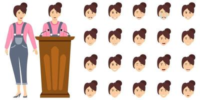 Businesswoman character set wearing business outfit with different facial expression and emotion angry happy excited unhappy cry sad cheerful standing isolated icon set vector