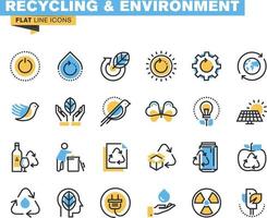 Flat line icons set of recycling, renewable energy and technology, environment vector