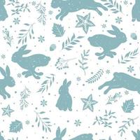 Seamless winter pattern with hares and leaves. vector