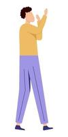 A man with his hands raised, painted in a flat style, with curly hair and bright clothes, a yellow sweater and purple pants. vector