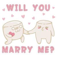 Cute kawaii marshmallow with a heart in his hand makes a marriage proposal to his lady marshmallow, Kawaii marshmallow characters in a flat style, hand-drawn postcards to express their feelings vector