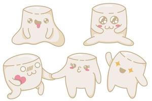 A set of cute kawaii marshmallows with different emotions in anime style. Kawaii marshmallow characters in a flat style, hand-drawn postcards to express their feelings