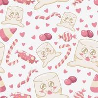 Seamless pattern with kawaii marshmallow chewing a candy heart surrounded by different sweets. Kawaii marshmallow characters in a flat style. vector