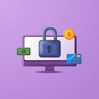 Fintech data security concept. financial banking digital safety privacy technology. 3d icon padlock computer, money, card. vector