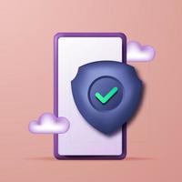 concepto de seguridad de datos. aplicación de seguridad móvil en la pantalla del teléfono inteligente. Ilustración móvil del teléfono del icono del escudo 3d vector