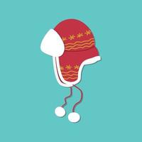 red ushanka hat with hand-drawn yellow ornament white bells on red strings on a blue background vector