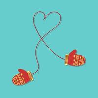 Mitones rojos con adorno amarillo, dibujados a mano sobre una cuerda roja doblada en forma de corazón sobre un fondo cian vector