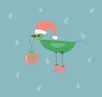 Dibujado pájaro inusual verde con un sombrero de santa claus y botas con una bola rosa en su pico sobre un fondo azul con árboles de Navidad vector