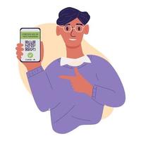 Certificate of vaccination vector flat illustration. Young man showing smartphone with vaccine QR code in mobile app