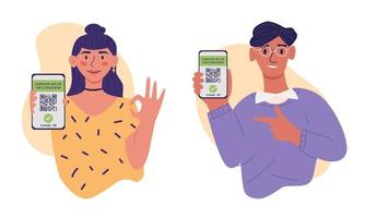 Certificate of vaccination vector flat illustration man and woman showing smartphone with vaccine QR code in mobile app