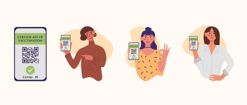certificado de ilustración plana de vector de vacunación, con mujeres jóvenes. Muestran un teléfono inteligente con el código qr de la vacuna en la aplicación móvil.